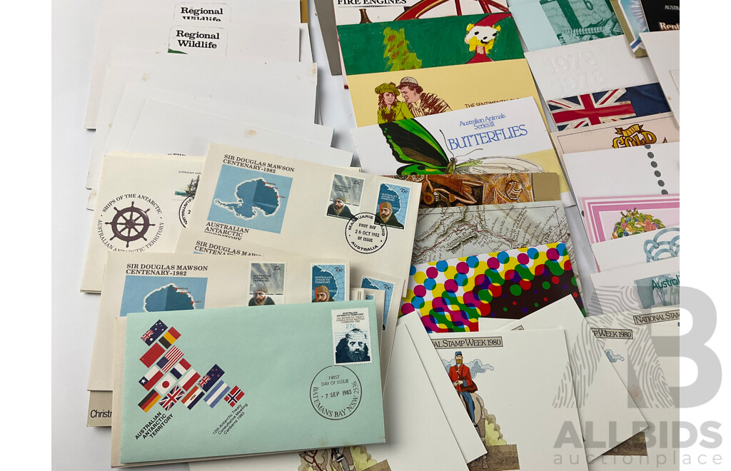 Collection of Early 1980's Australian Stamp Packs Including Australian Folklore, Yachting in Australia, 1980 Christmas and Stamp Week, Community Welfare and More - Approximately 75