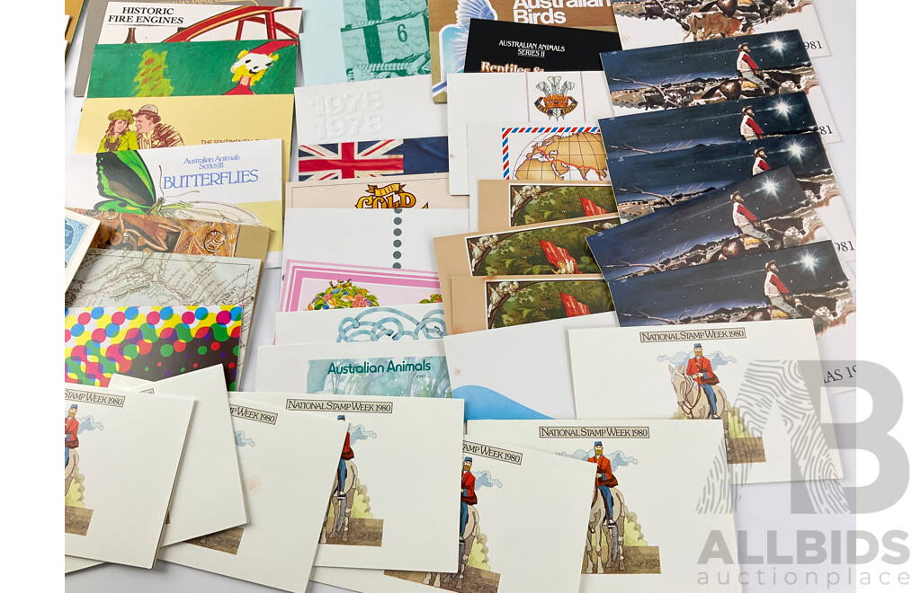 Collection of Early 1980's Australian Stamp Packs Including Australian Folklore, Yachting in Australia, 1980 Christmas and Stamp Week, Community Welfare and More - Approximately 75