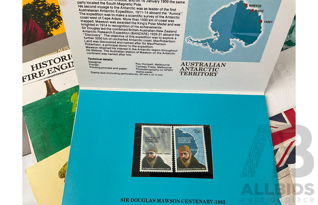 Collection of Early 1980's Australian Stamp Packs Including Australian Folklore, Yachting in Australia, 1980 Christmas and Stamp Week, Community Welfare and More - Approximately 75