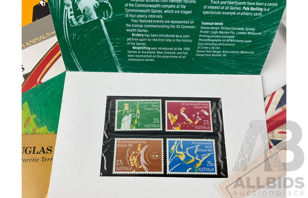 Collection of Early 1980's Australian Stamp Packs Including Australian Folklore, Yachting in Australia, 1980 Christmas and Stamp Week, Community Welfare and More - Approximately 75