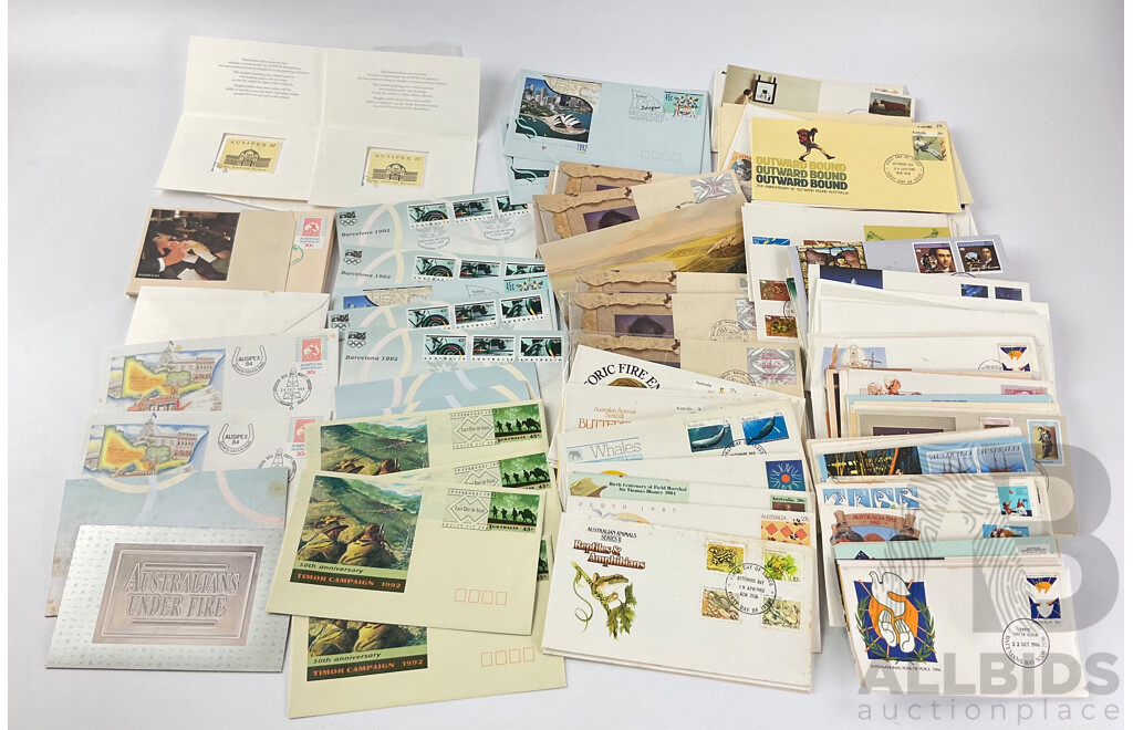 Collection of Australian First Day Covers and Stamp Packs Including 1982-83-84-85 Examples, 1984 Ausipex Souvenir Sheet Sydney Philatelic Sales Center Stamped, 1992 Examples and More