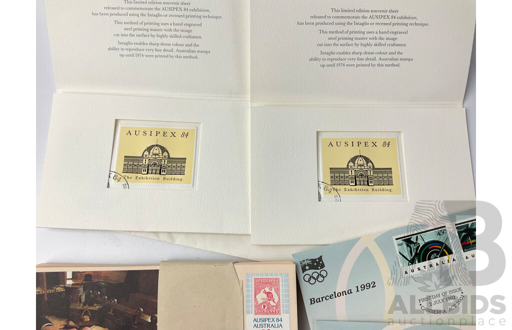 Collection of Australian First Day Covers and Stamp Packs Including 1982-83-84-85 Examples, 1984 Ausipex Souvenir Sheet Sydney Philatelic Sales Center Stamped, 1992 Examples and More