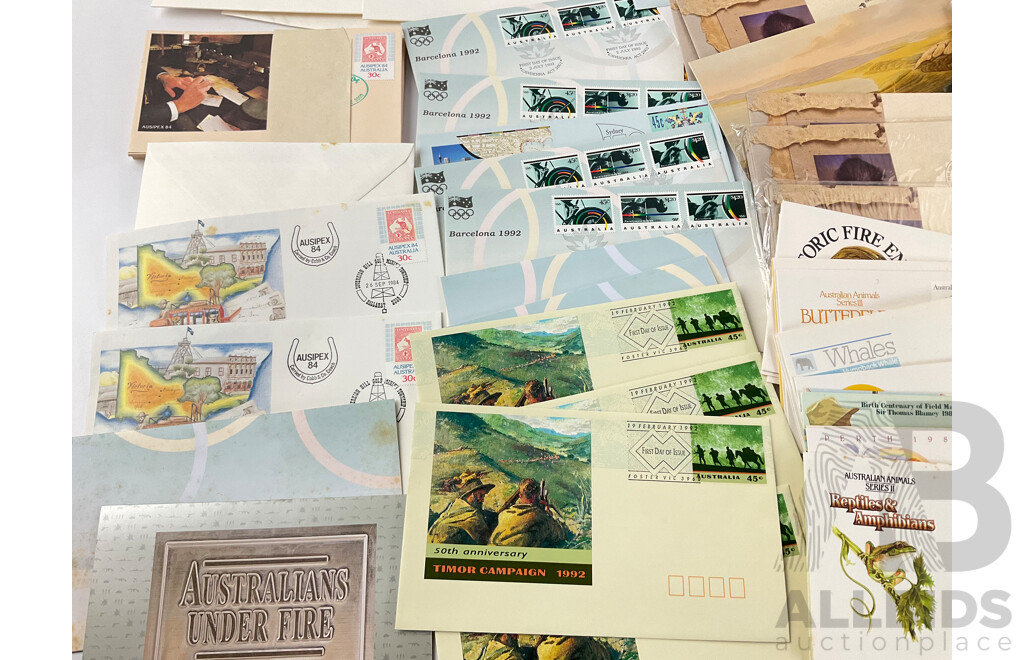 Collection of Australian First Day Covers and Stamp Packs Including 1982-83-84-85 Examples, 1984 Ausipex Souvenir Sheet Sydney Philatelic Sales Center Stamped, 1992 Examples and More