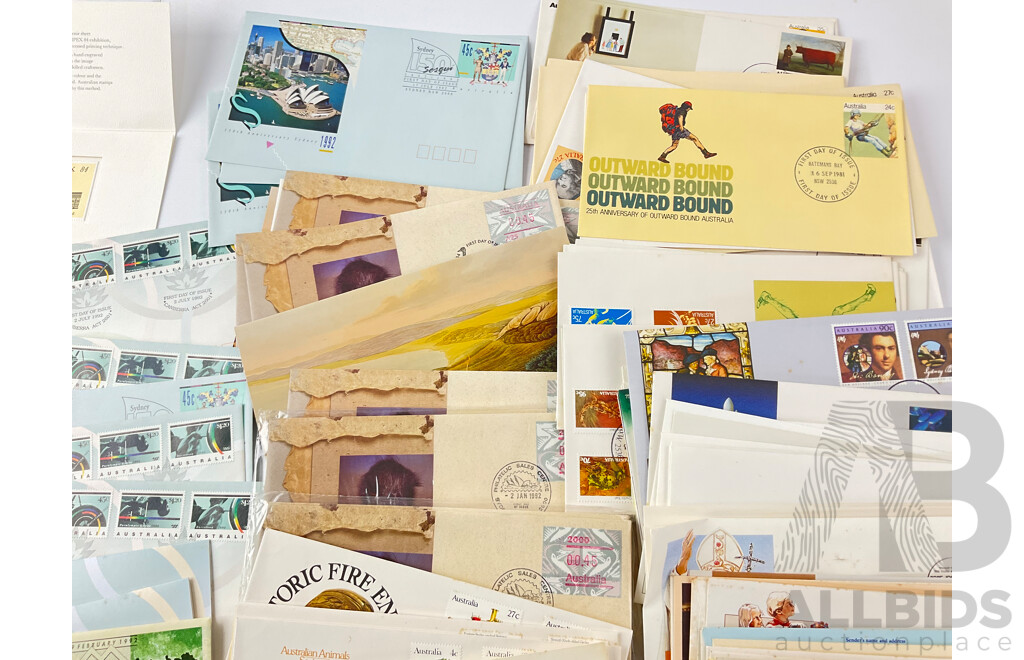 Collection of Australian First Day Covers and Stamp Packs Including 1982-83-84-85 Examples, 1984 Ausipex Souvenir Sheet Sydney Philatelic Sales Center Stamped, 1992 Examples and More