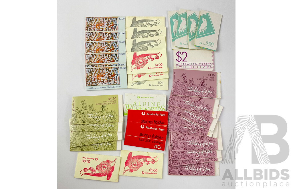 Collection of 1980's Australian Stamp Books Including Heidelberg and Heritage, Alpine Wildflowers, Thinking of You, Australian Crafts and More - Face Value Over $75