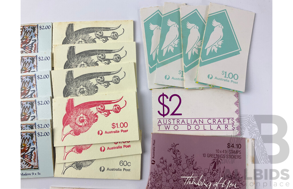 Collection of 1980's Australian Stamp Books Including Heidelberg and Heritage, Alpine Wildflowers, Thinking of You, Australian Crafts and More - Face Value Over $75