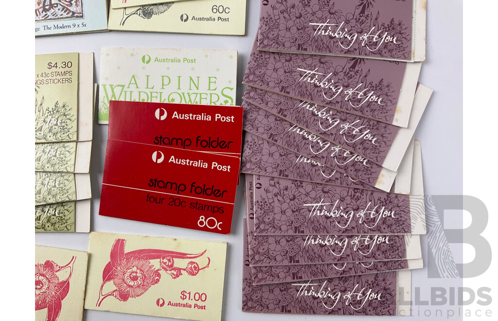 Collection of 1980's Australian Stamp Books Including Heidelberg and Heritage, Alpine Wildflowers, Thinking of You, Australian Crafts and More - Face Value Over $75