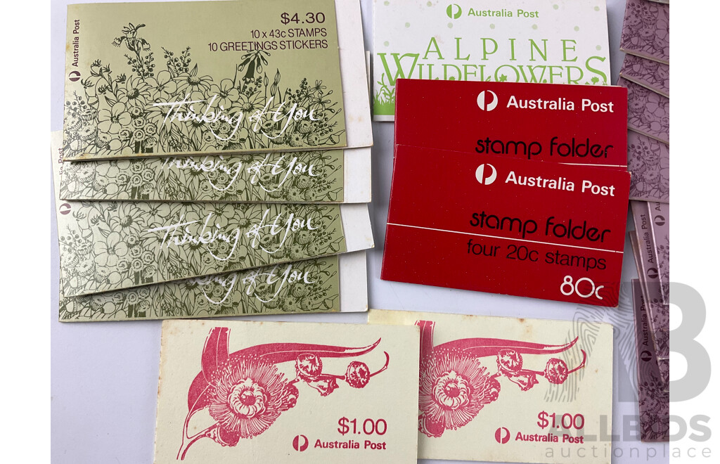 Collection of 1980's Australian Stamp Books Including Heidelberg and Heritage, Alpine Wildflowers, Thinking of You, Australian Crafts and More - Face Value Over $75