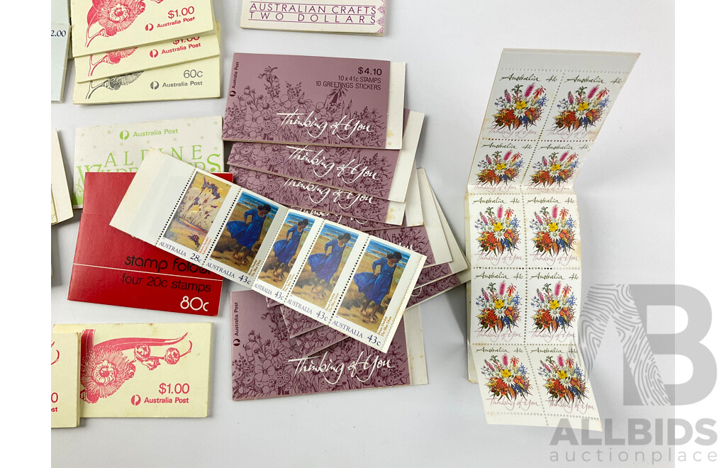 Collection of 1980's Australian Stamp Books Including Heidelberg and Heritage, Alpine Wildflowers, Thinking of You, Australian Crafts and More - Face Value Over $75