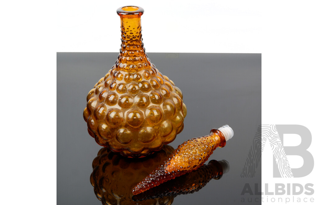 Italian Mid Century Amber Glass Bubble Form Genie Bottle with Stopper