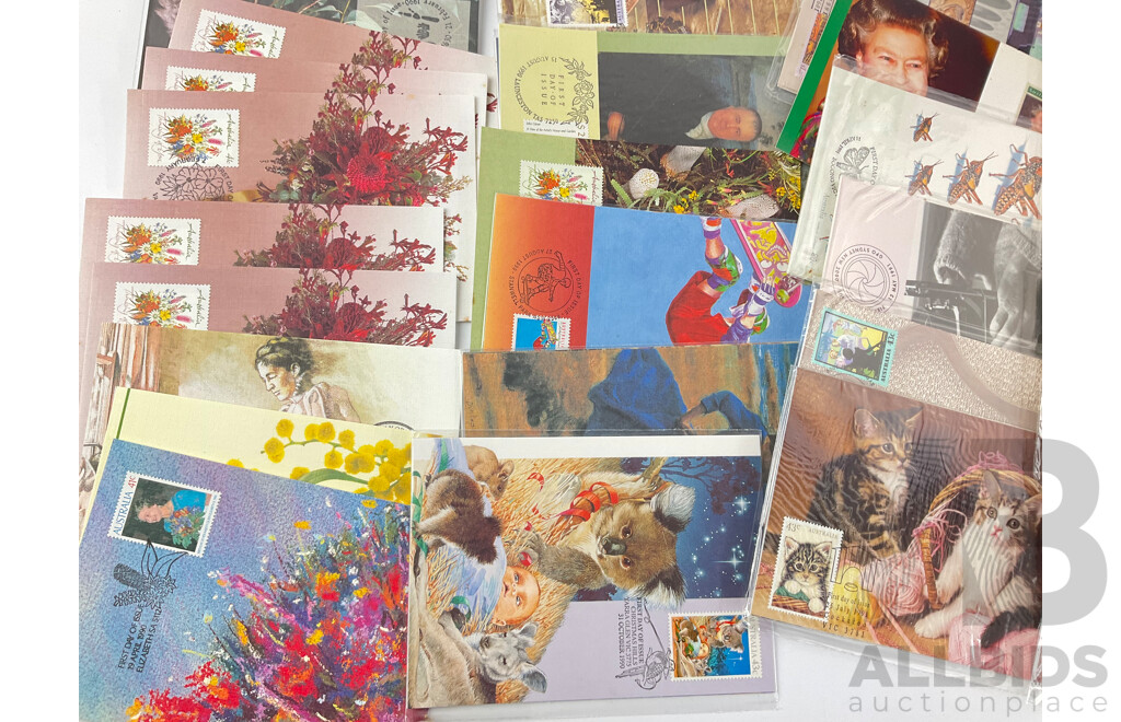 Collection of Australian 1989-1992 First Day Issue Post Card Sets, Most in Sealed Packaging Including Animals and High Country, Community Health, Skateboarding, QE2 Birthday, Barcelona Olympics and More