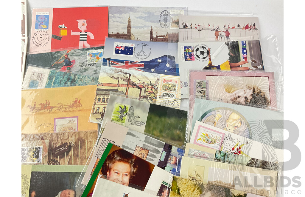 Collection of Australian 1989-1992 First Day Issue Post Card Sets, Most in Sealed Packaging Including Animals and High Country, Community Health, Skateboarding, QE2 Birthday, Barcelona Olympics and More