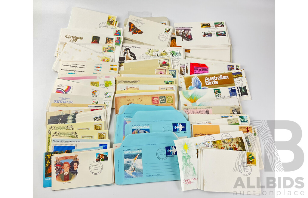 Collection of Australian 1970s and 80's First Day Covers Including Australia Day 1979-1982, Ferries and Murray River Steamers, Various Aerogrmmes and More