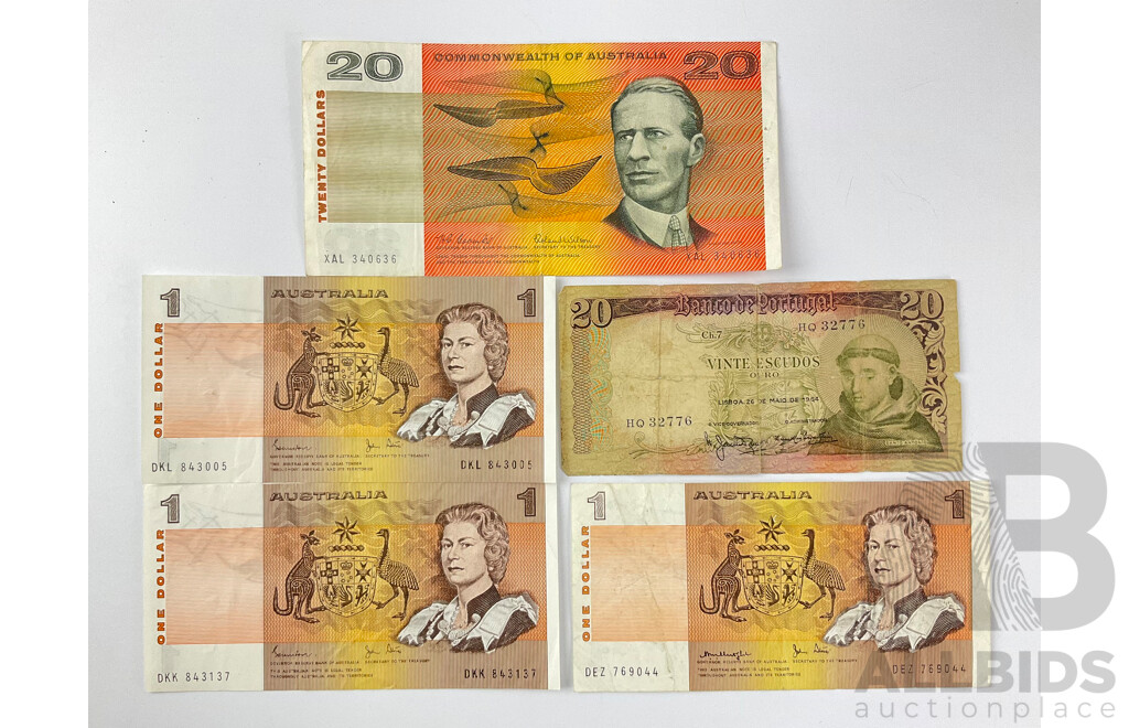 Australian Bank Notes Including 1966 Twenty Dollar Coombs/Wilson, 1982 One Dollar Johnston/Stone(2) 1977 Knight/Stone and Portugal 1954 Twenty Escudo Note