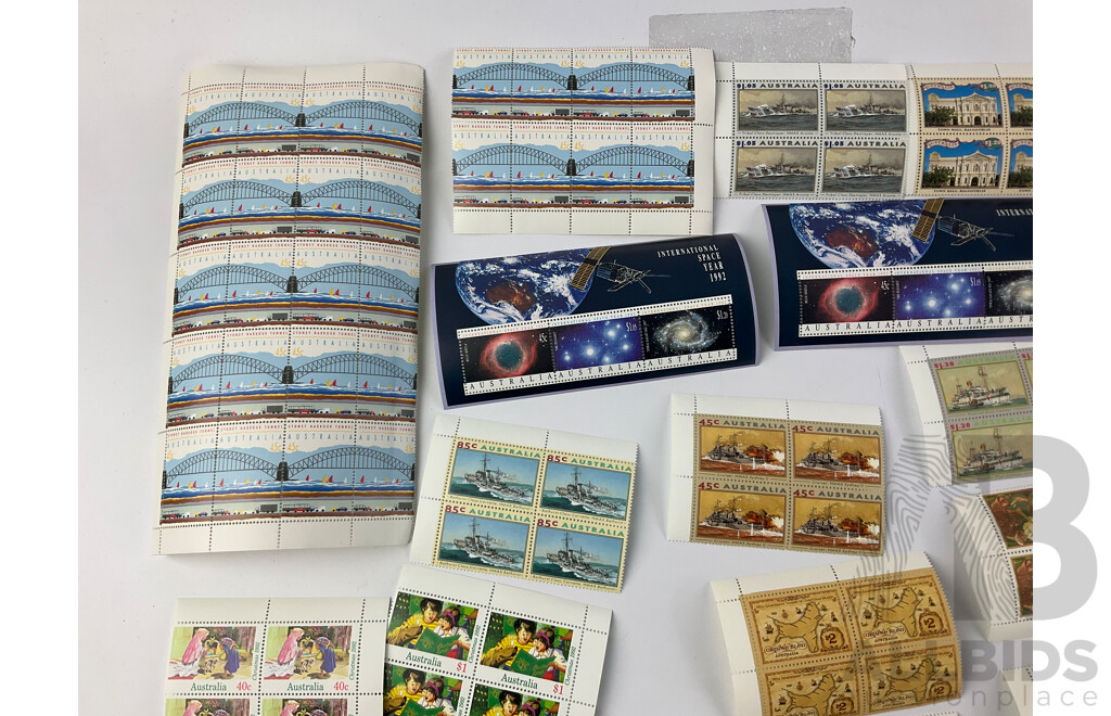 Collection of Australian Mint Stamps, Blocks and Gutters Including QE2 Birthday 1993, Sydney Harbour Tunnel, 1992 Year of Space and Christmas and Many More