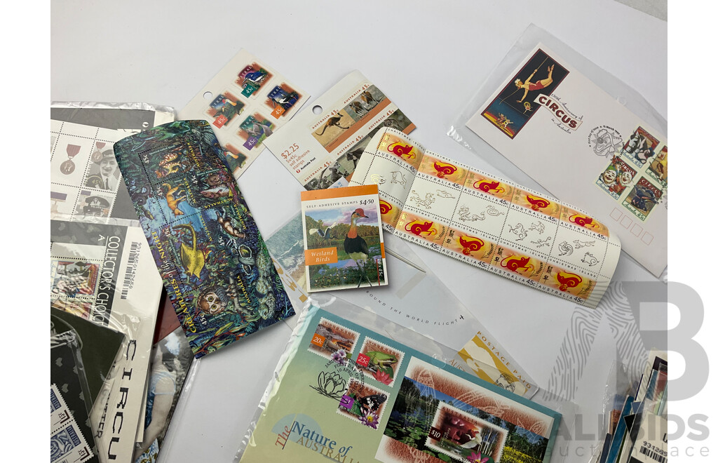 Collection of Australian Mid 1990's - 2000 Stamp Packs and Sealed First Day Covers Including Collector's Choice, Wetlands Birds, Australia-Singapore Joint Issue, 150th Anniversary of Circus in Australia and More