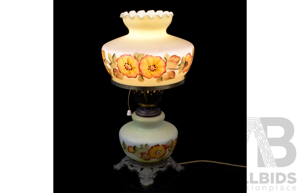 Vintage Hedco Aladdin Style Electric Table Lamp with Two Piece Glass Hand Painted Sections and Cast Metal Base