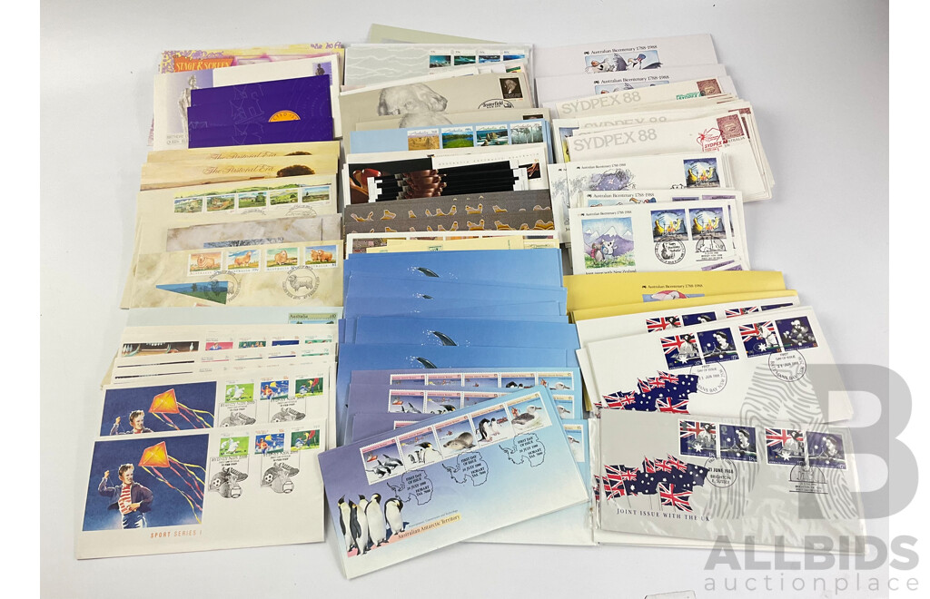 Collection of Australian Stamp Packs and First Day Covers Spanning 21st June 1988 Through to 12th July 1989, Includes Bicentennial USA Joint Issues, Desert Art, Australian Sheep and More, Many Multiples