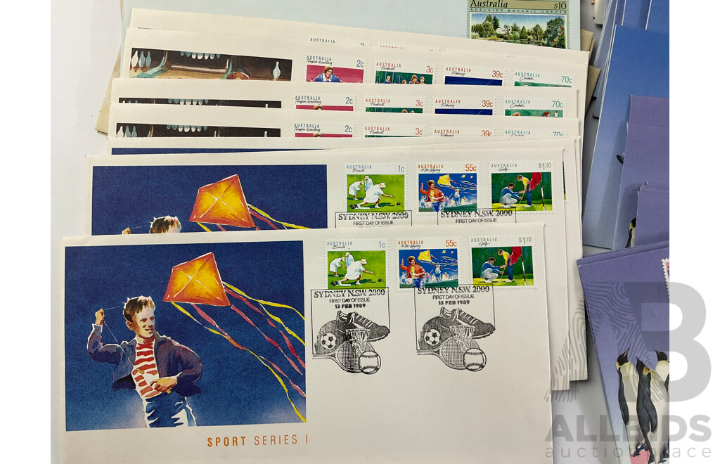 Collection of Australian Stamp Packs and First Day Covers Spanning 21st June 1988 Through to 12th July 1989, Includes Bicentennial USA Joint Issues, Desert Art, Australian Sheep and More, Many Multiples