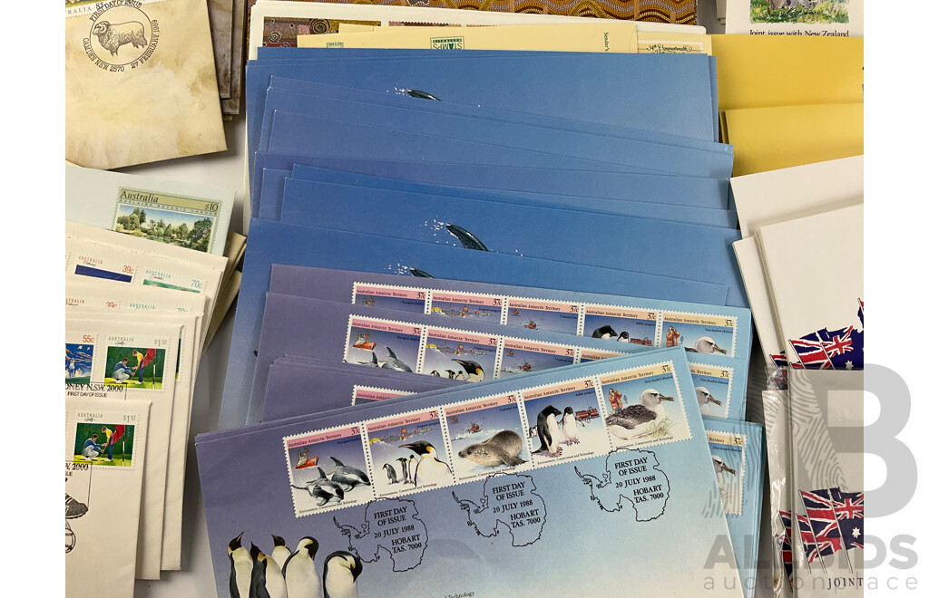 Collection of Australian Stamp Packs and First Day Covers Spanning 21st June 1988 Through to 12th July 1989, Includes Bicentennial USA Joint Issues, Desert Art, Australian Sheep and More, Many Multiples