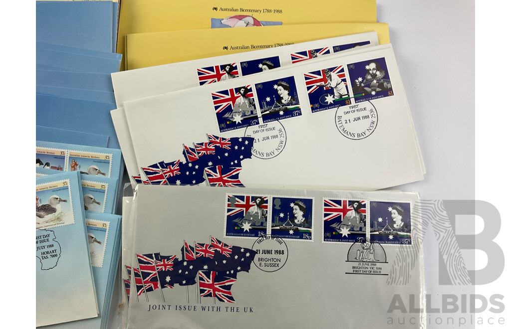 Collection of Australian Stamp Packs and First Day Covers Spanning 21st June 1988 Through to 12th July 1989, Includes Bicentennial USA Joint Issues, Desert Art, Australian Sheep and More, Many Multiples