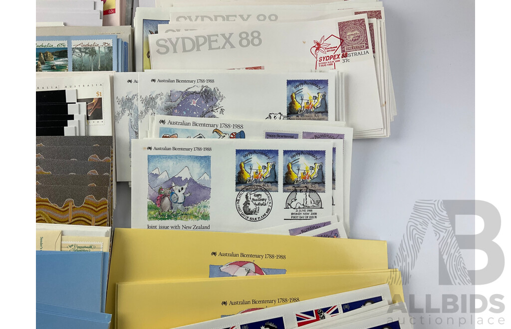 Collection of Australian Stamp Packs and First Day Covers Spanning 21st June 1988 Through to 12th July 1989, Includes Bicentennial USA Joint Issues, Desert Art, Australian Sheep and More, Many Multiples