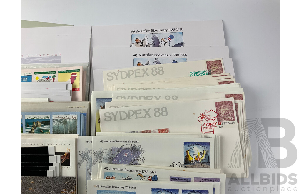 Collection of Australian Stamp Packs and First Day Covers Spanning 21st June 1988 Through to 12th July 1989, Includes Bicentennial USA Joint Issues, Desert Art, Australian Sheep and More, Many Multiples