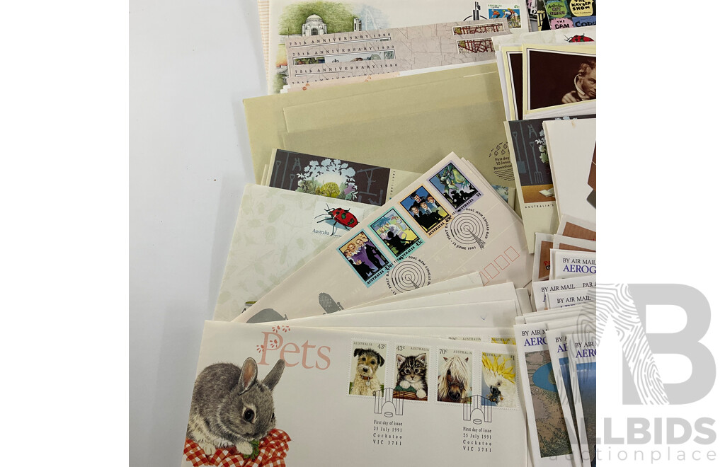 Collection of Australian Stamp Packs and First Day Covers Spanning1990 to 1991 Including Canberra Australia's National Capital, Golden Days of Radio, Vending Machine Postage and More, Many Multiples