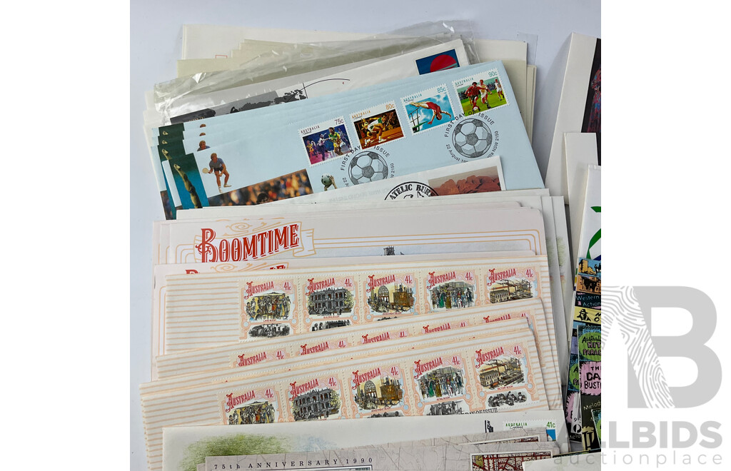 Collection of Australian Stamp Packs and First Day Covers Spanning1990 to 1991 Including Canberra Australia's National Capital, Golden Days of Radio, Vending Machine Postage and More, Many Multiples