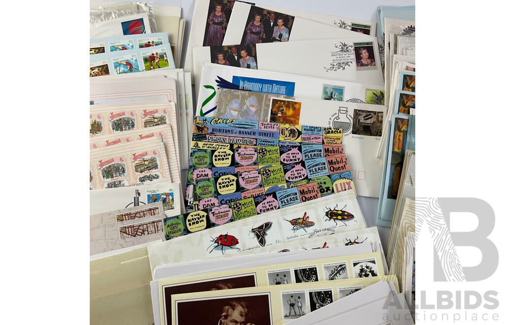 Collection of Australian Stamp Packs and First Day Covers Spanning1990 to 1991 Including Canberra Australia's National Capital, Golden Days of Radio, Vending Machine Postage and More, Many Multiples