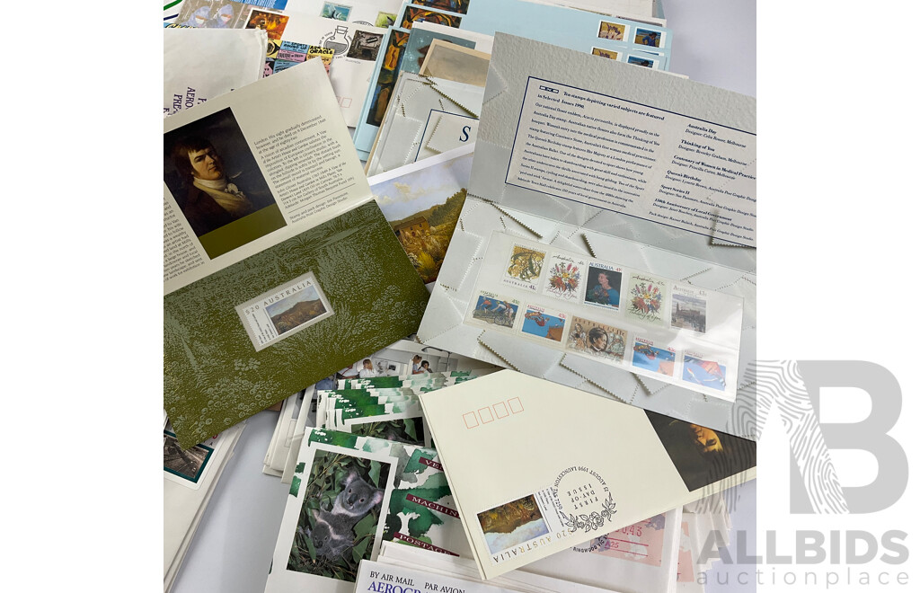 Collection of Australian Stamp Packs and First Day Covers Spanning1990 to 1991 Including Canberra Australia's National Capital, Golden Days of Radio, Vending Machine Postage and More, Many Multiples