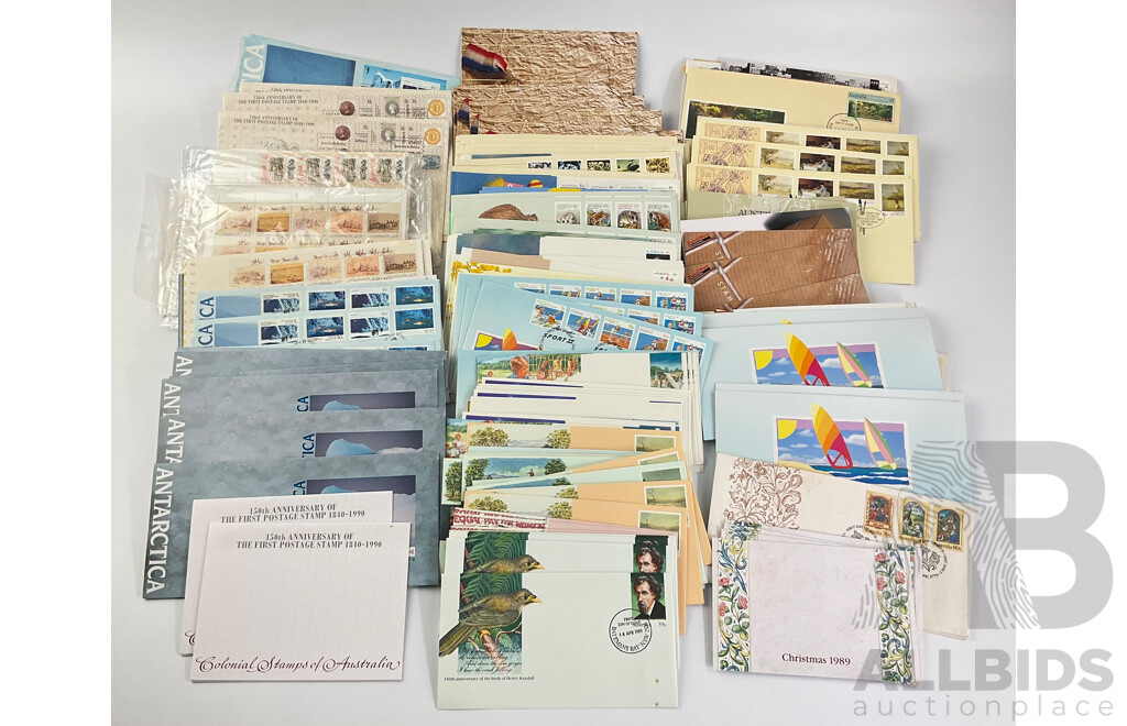 Collection of Australian Stamp Packs and First Day Covers Spanning 1989 to 1990, Including Australia's Impressionists, Historic Tramways, ANZAC Tradition and More, Many Multiples