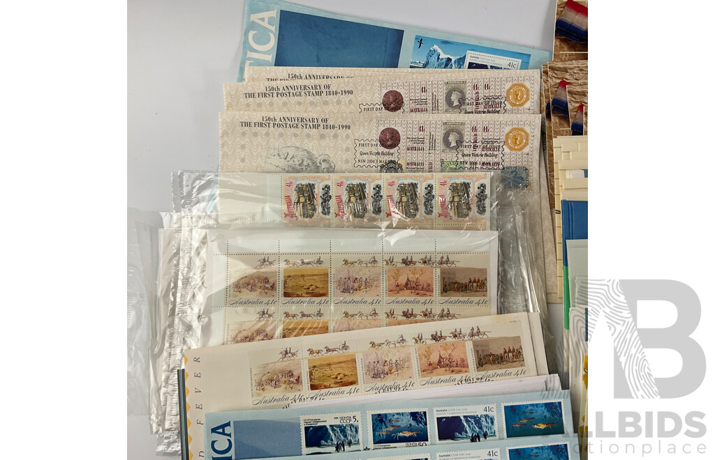 Collection of Australian Stamp Packs and First Day Covers Spanning 1989 to 1990, Including Australia's Impressionists, Historic Tramways, ANZAC Tradition and More, Many Multiples