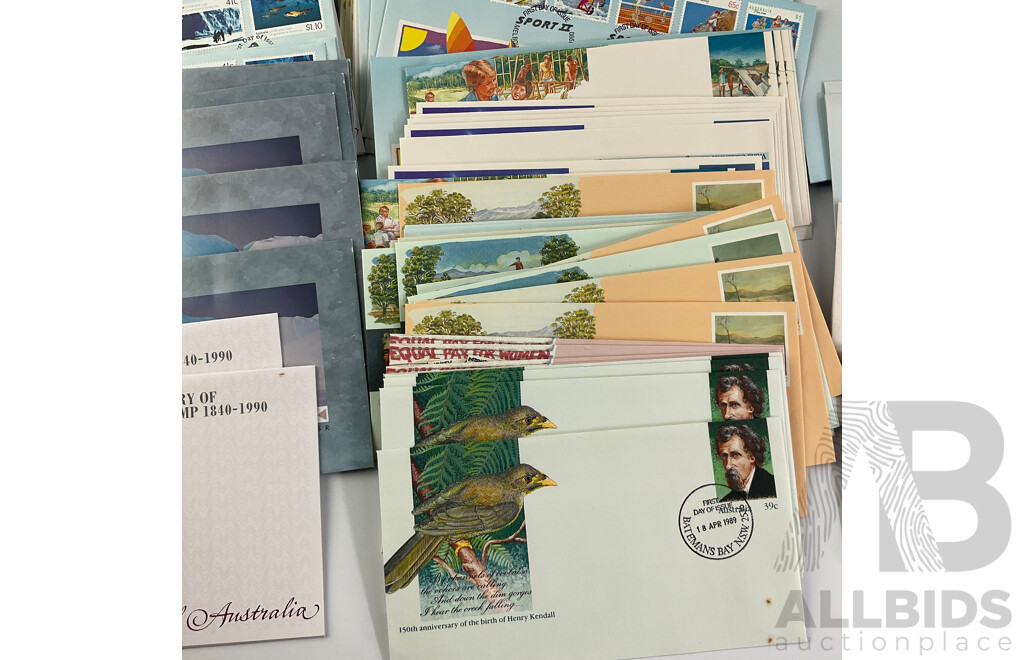 Collection of Australian Stamp Packs and First Day Covers Spanning 1989 to 1990, Including Australia's Impressionists, Historic Tramways, ANZAC Tradition and More, Many Multiples