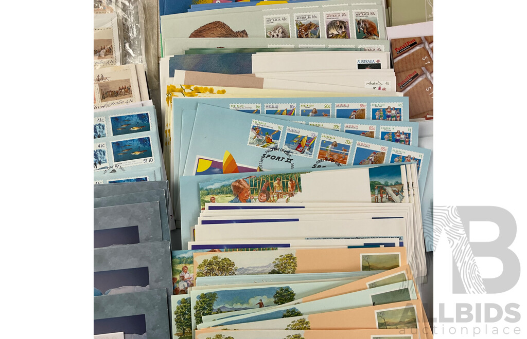 Collection of Australian Stamp Packs and First Day Covers Spanning 1989 to 1990, Including Australia's Impressionists, Historic Tramways, ANZAC Tradition and More, Many Multiples