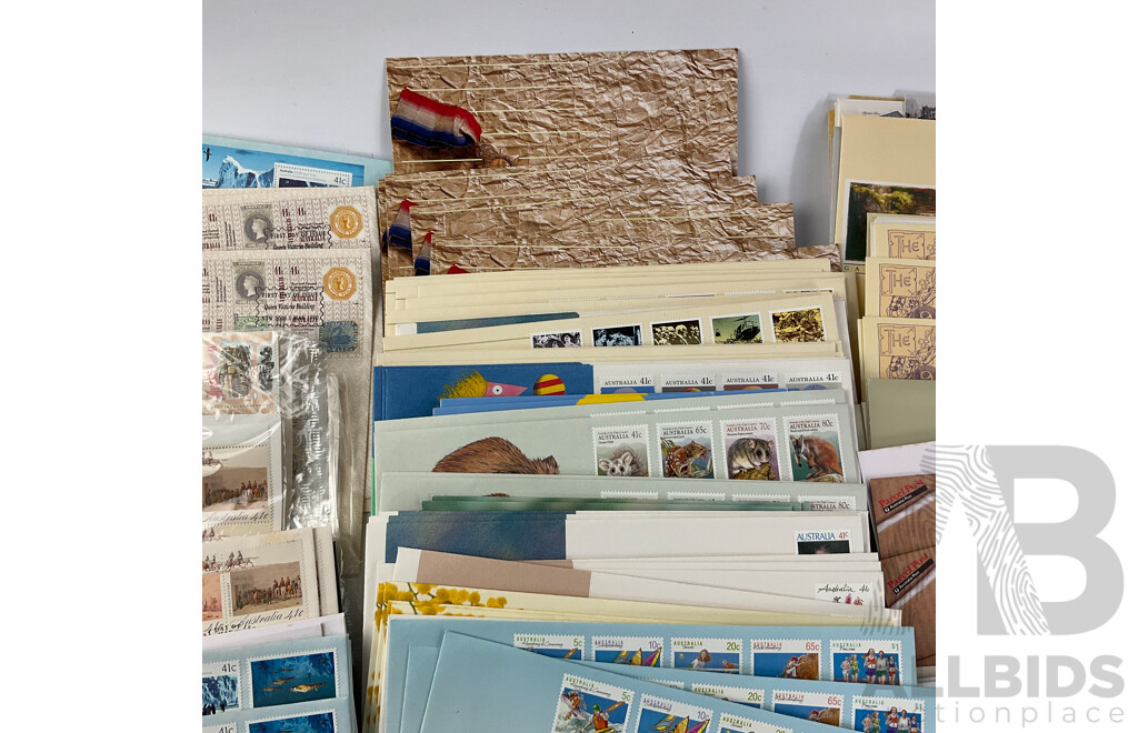 Collection of Australian Stamp Packs and First Day Covers Spanning 1989 to 1990, Including Australia's Impressionists, Historic Tramways, ANZAC Tradition and More, Many Multiples