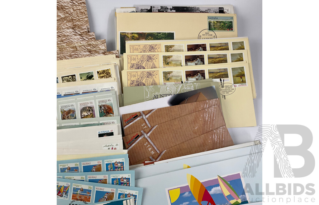 Collection of Australian Stamp Packs and First Day Covers Spanning 1989 to 1990, Including Australia's Impressionists, Historic Tramways, ANZAC Tradition and More, Many Multiples