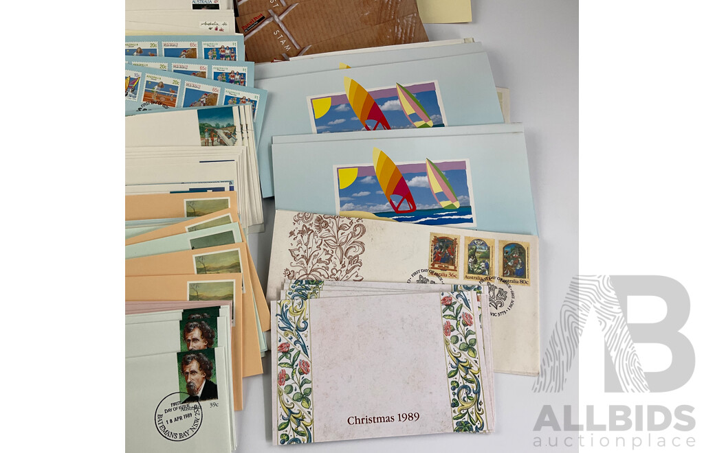 Collection of Australian Stamp Packs and First Day Covers Spanning 1989 to 1990, Including Australia's Impressionists, Historic Tramways, ANZAC Tradition and More, Many Multiples