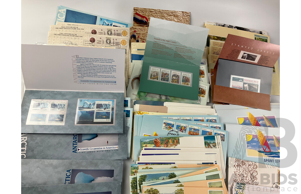 Collection of Australian Stamp Packs and First Day Covers Spanning 1989 to 1990, Including Australia's Impressionists, Historic Tramways, ANZAC Tradition and More, Many Multiples