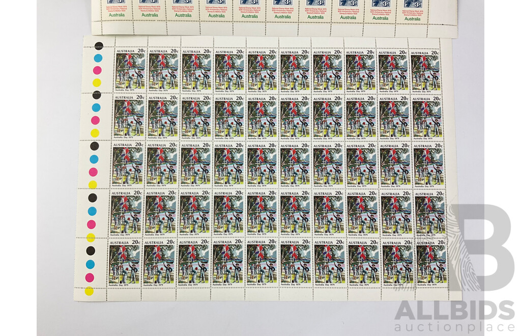 Australian Mint Stamp Sheets with Gutters Including Christmas 1971, National Stamp Week 1978 and Australia Day 1979