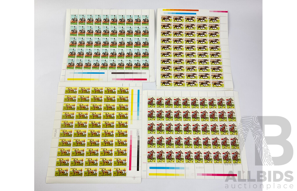 Australian Mint Stamp Sheets with Gutters, 1978 Horse Racing Series Phar Lap, Peter Pan, Bernborough and Tulloch