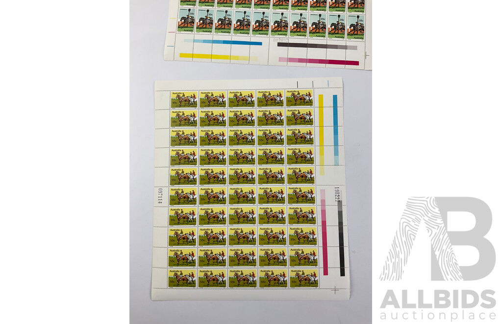 Australian Mint Stamp Sheets with Gutters, 1978 Horse Racing Series Phar Lap, Peter Pan, Bernborough and Tulloch