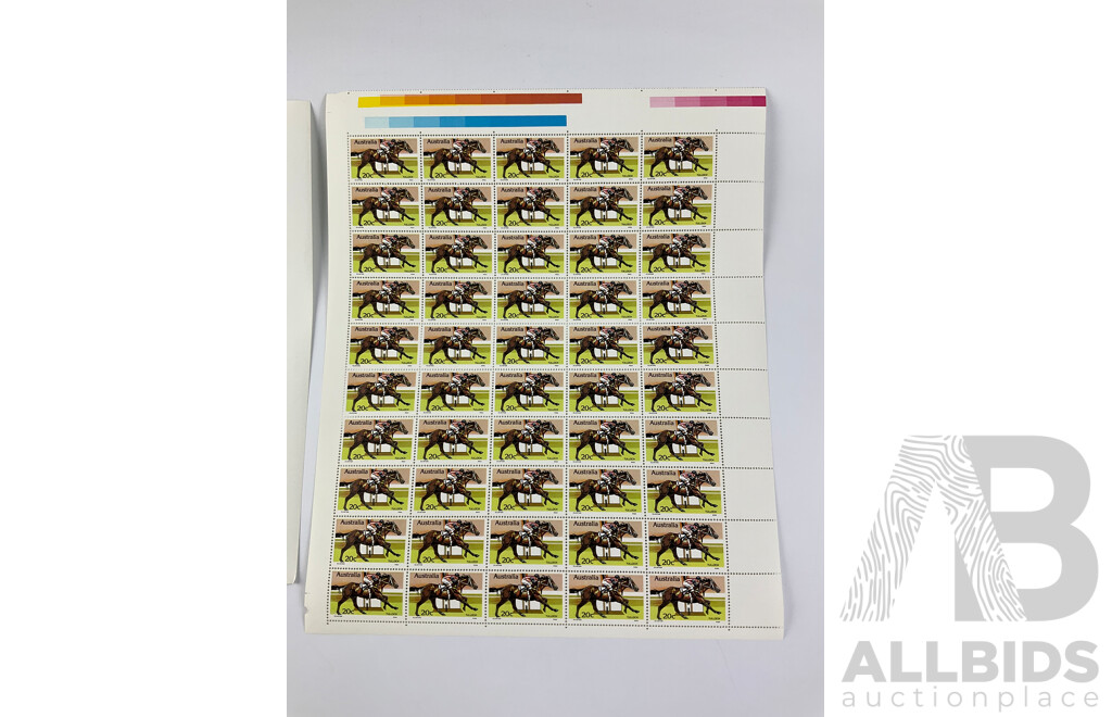 Australian Mint Stamp Sheets with Gutters, 1978 Horse Racing Series Phar Lap, Peter Pan, Bernborough and Tulloch