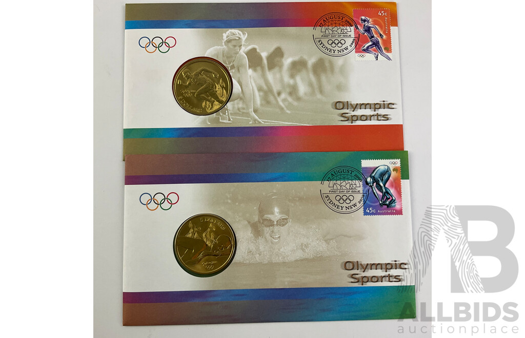 Collection of Australian Sydney 2000 Olympics Philatelic Memorabilia Including Two Five Dollar Coin PNCs, Paralympics Stamp Packs, Sealed FDCs, Prepaid Airmail Post Cards