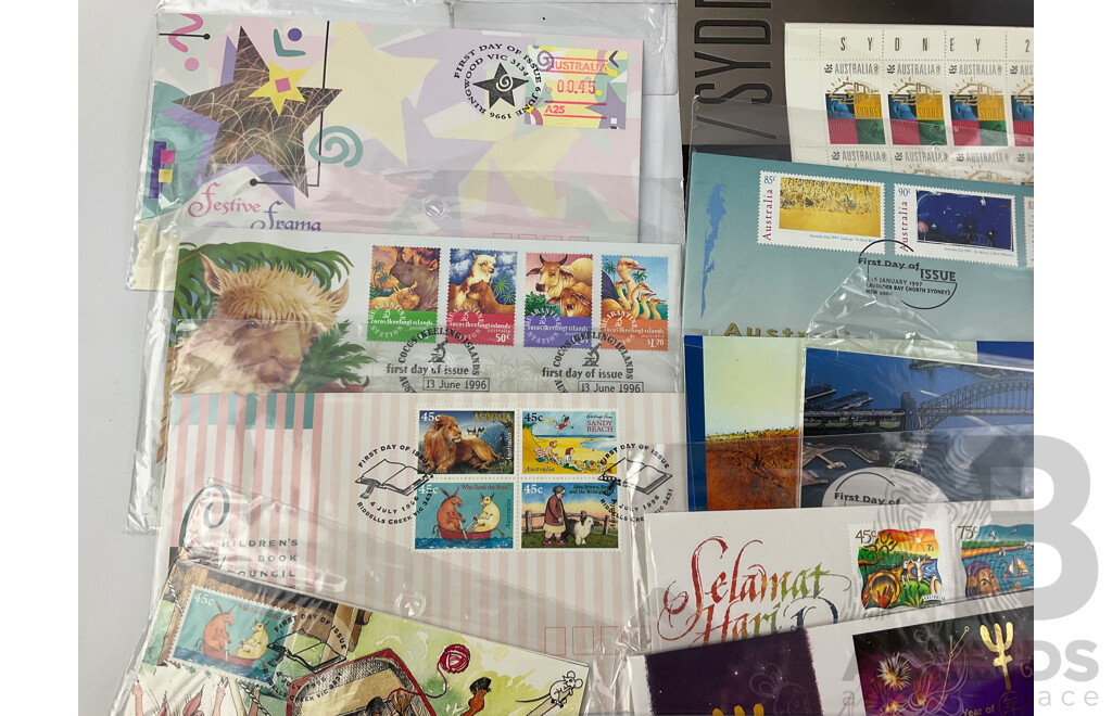 Collection of Australian 1995, 1996, 1997 Stamp Packs and First Day Covers Including Joint Issues, Atlanta-Sydney, Christmas Issues- Many in Sealed Wrapping