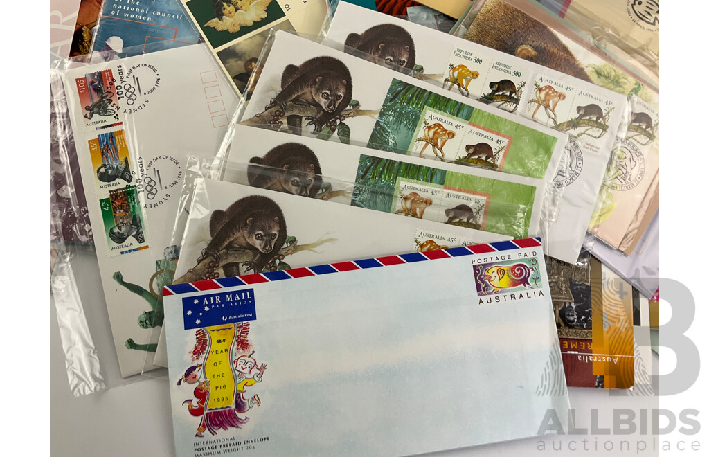 Collection of Australian 1995, 1996, 1997 Stamp Packs and First Day Covers Including Joint Issues, Atlanta-Sydney, Christmas Issues- Many in Sealed Wrapping