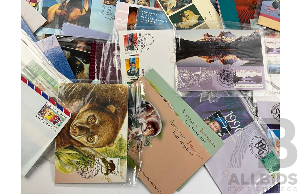 Collection of Australian 1995, 1996, 1997 Stamp Packs and First Day Covers Including Joint Issues, Atlanta-Sydney, Christmas Issues- Many in Sealed Wrapping