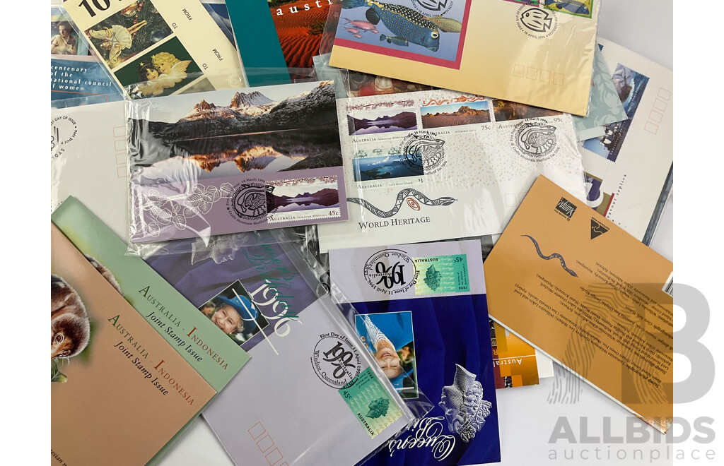 Collection of Australian 1995, 1996, 1997 Stamp Packs and First Day Covers Including Joint Issues, Atlanta-Sydney, Christmas Issues- Many in Sealed Wrapping