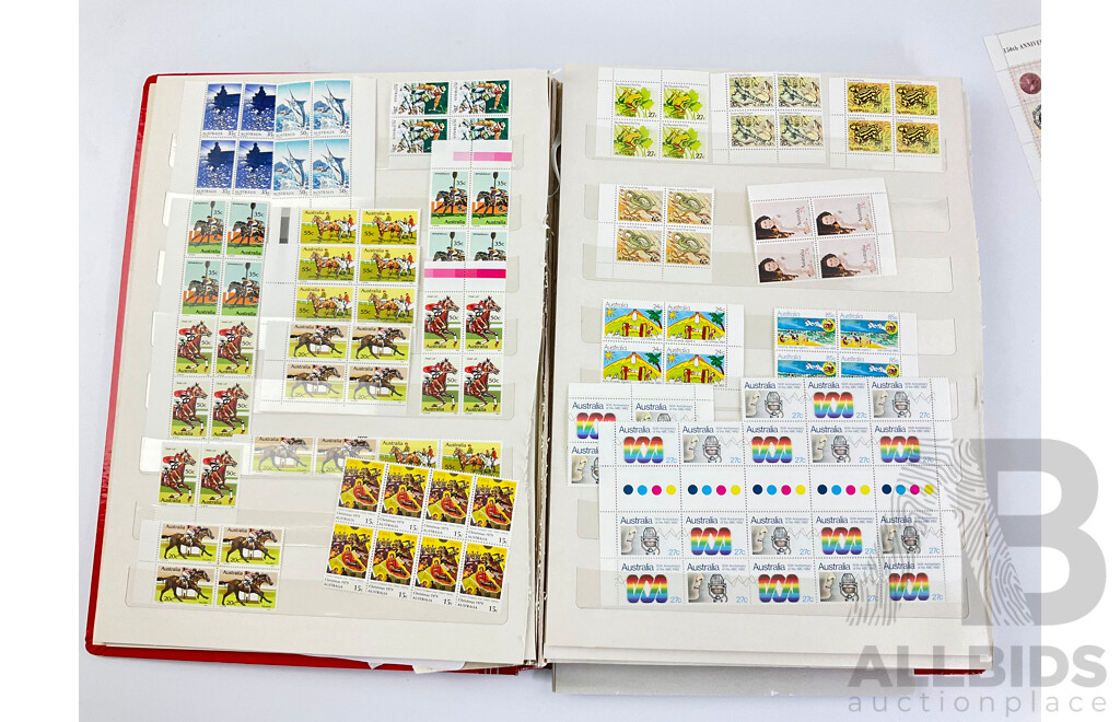 Collection of Australian 1970's-80's Mint Stamps Blocks Including 1978 Horse Racing Series Set, 1980 Stamp Week, 1982 ABC 50th Anniversary, 1984 Los Angles Olympics and More