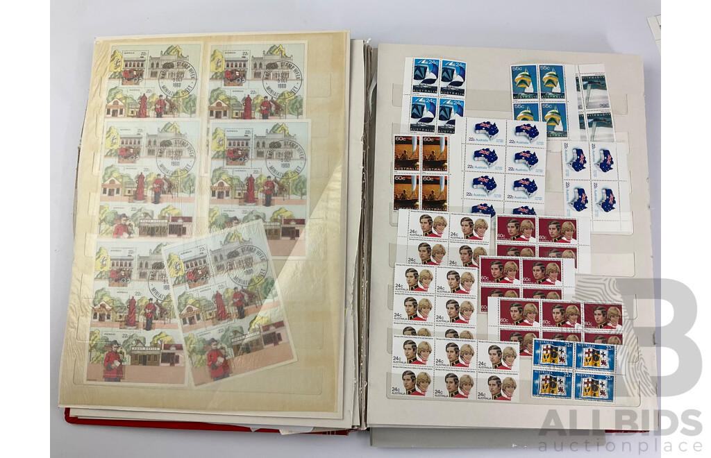 Collection of Australian 1970's-80's Mint Stamps Blocks Including 1978 Horse Racing Series Set, 1980 Stamp Week, 1982 ABC 50th Anniversary, 1984 Los Angles Olympics and More